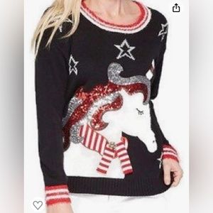 33 Degrees Vintage Black Red and White Sequin Unicorn Sweater